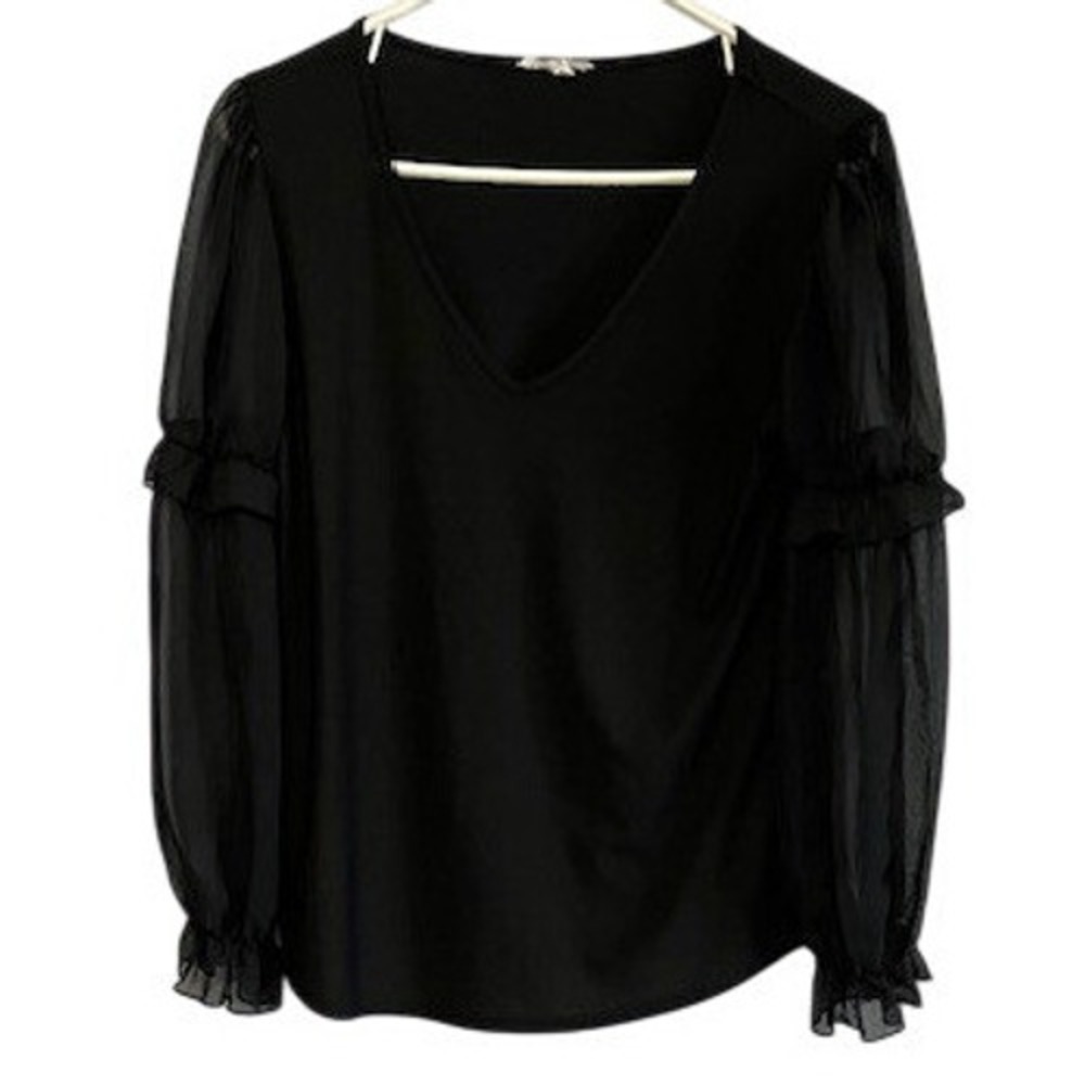 Women Black V-Neck Blouse Sheer Mesh Ruffle Long Sleeve Knit Top Dressy Casual